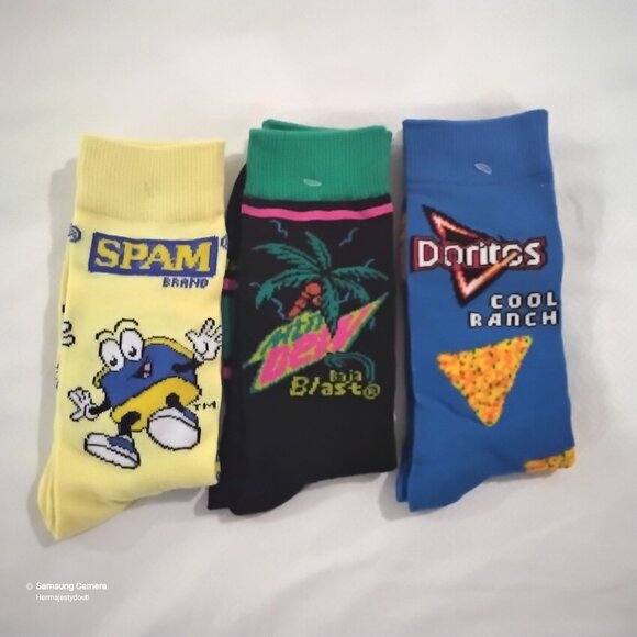 3 Pairs Novelty Crew Socks Spam, Mt Dew Baha Blast, Doritos Cool Ranch Men 6-12 - Picture 1 of 1